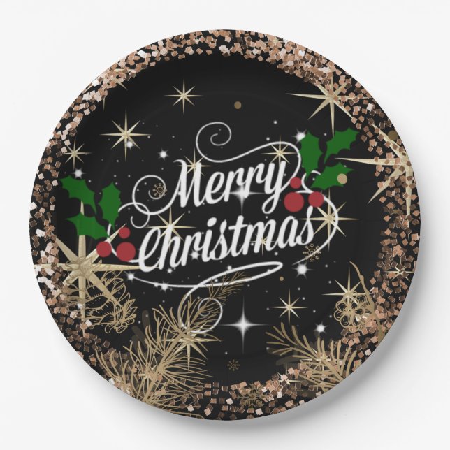 Assiettes En Carton Merry Christmas, sparkle, glitter and shine, (Devant)