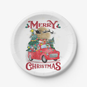 Assiettes En Carton Merry Christmas Vintage Red Santa Truck