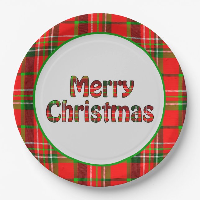 Assiettes En Carton Merry Christmas Vivid Red Green  Tartan Typography (Devant)