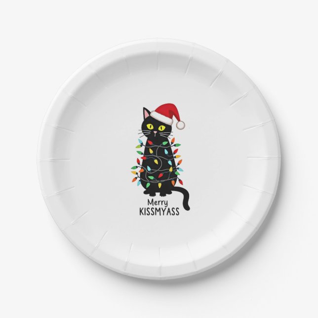 Assiettes En Carton Merry Kissmyass Funky Cat Christmas Lights Premium (Devant)