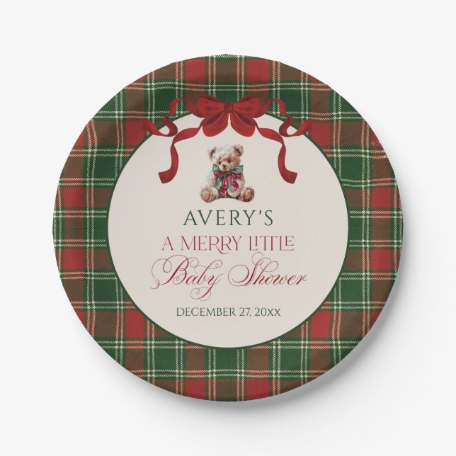 Assiettes En Carton Merry Little Red Bow Christmas Plaid  (Devant)
