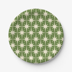 Assiettes En Carton Mi-siècle Retro Starbursts Green Cream Motif