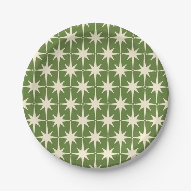 Assiettes En Carton Mi-siècle Retro Starbursts Green Cream Motif (Devant)