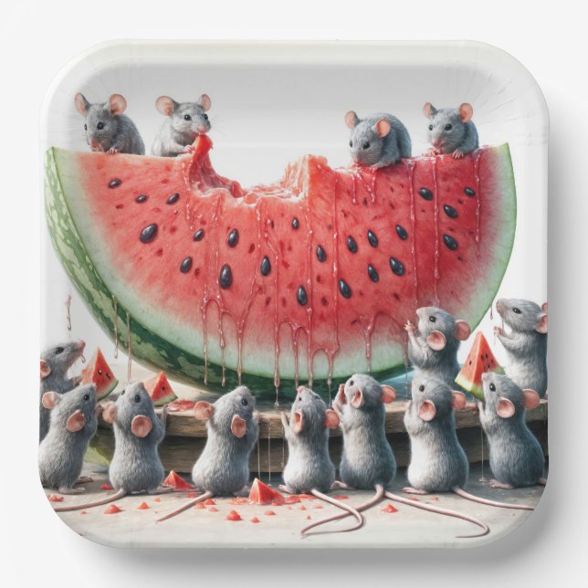 Assiettes En Carton Mice On a Juicy Watermelon Wedge (Recto)