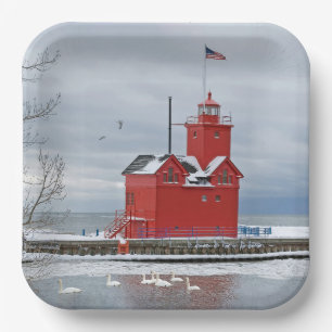 Assiettes En Carton Michigan Grand Phare Rouge Avec Cygnes D'Hiver