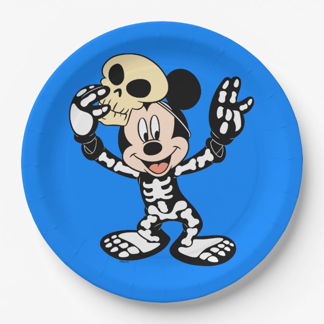 Assiettes En Carton Mickey en costume de squelette d'Halloween (Devant)