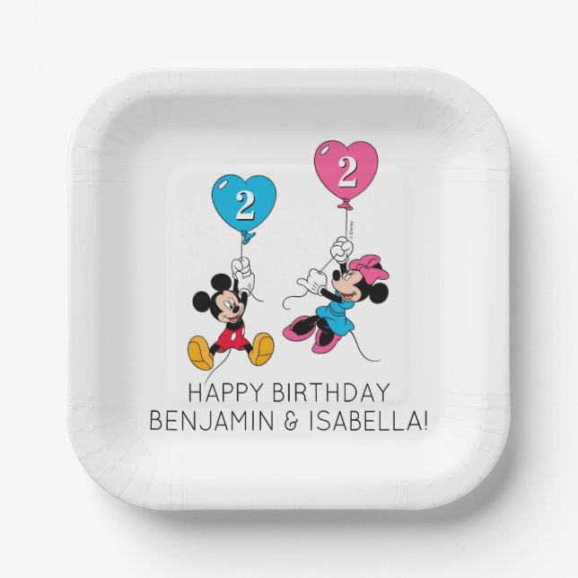 Assiettes En Carton Mickey & Minnie | Ballons d'anniversaire jumeaux (Recto)