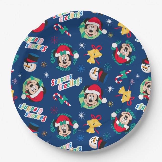 Assiettes En Carton Mickey & Minnie | Motif Bonnes Fêtes bleues (Devant)