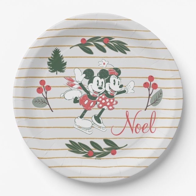 Assiettes En Carton Mickey & Minnie | Noel de patinage de Noël (Devant)