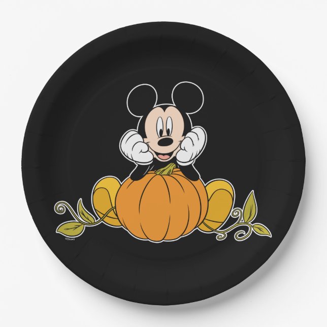Assiettes En Carton Mickey Souris assise sur le Citrouille (Devant)