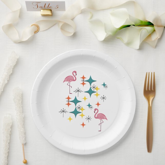 Assiettes En Carton Mid Century moderne Eames Flamants roses atomiques (Mariage)