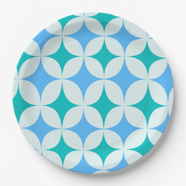 Assiettes En Carton Mid Century Retro Starburs Motif Turquoise Bleu (Devant)