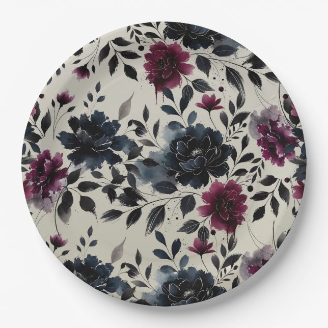 Assiettes En Carton Midnight Blue Bourgogne Inky Floral Almond Mariage (Devant)