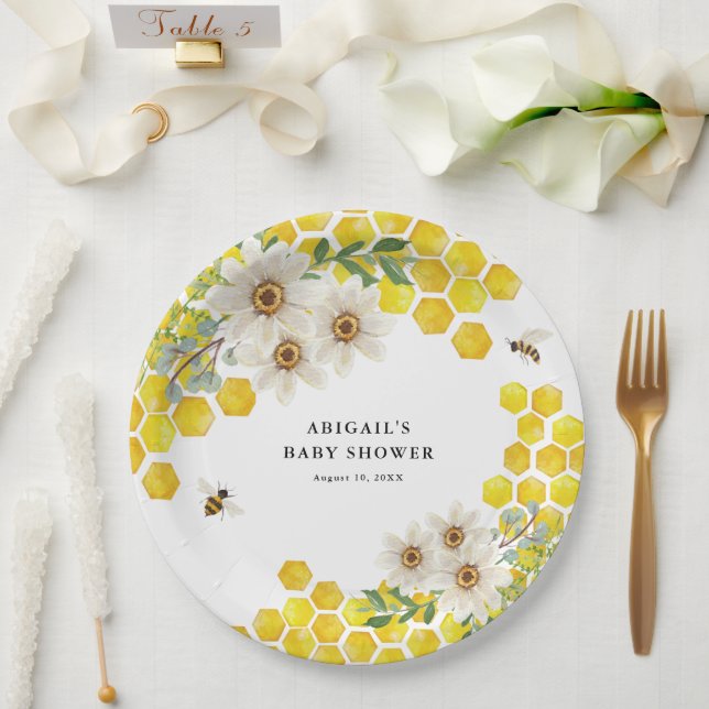 Assiettes En Carton Miel Bee and Daisies Personnalisé (Mariage)