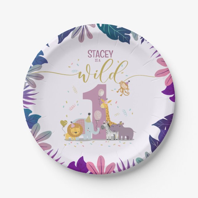 Assiettes En Carton Mignon Jungle Safari Animaux Wild One Girl Anniver (Devant)