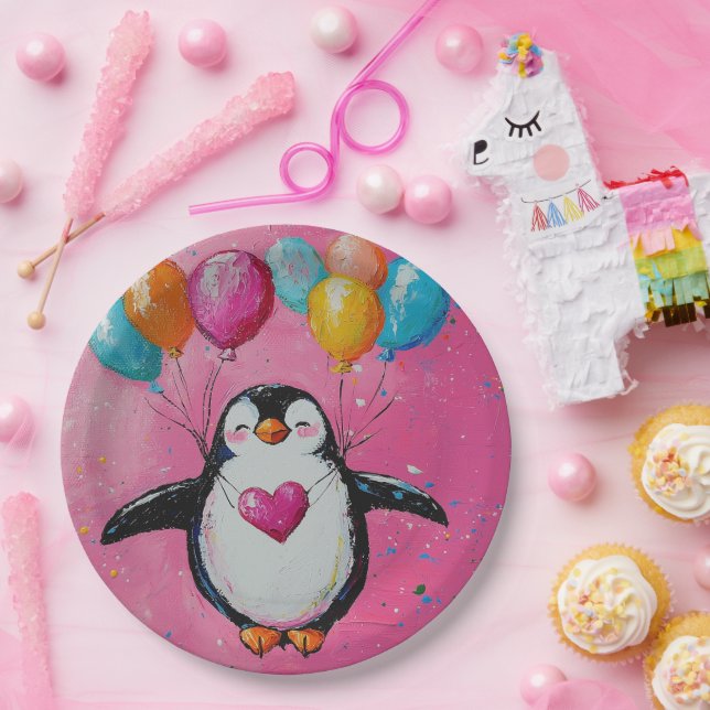 Assiettes En Carton mignon manchot de dessin animé avec ballons (Fête)