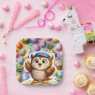 Assiettes En Carton Mignon, mignon le hibou œuf de Pâques carré papier