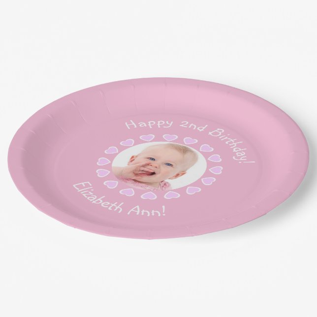 Assiettes En Carton Mignonne 2e anniversaire fille Coeurs roses Cadre  (Angle)