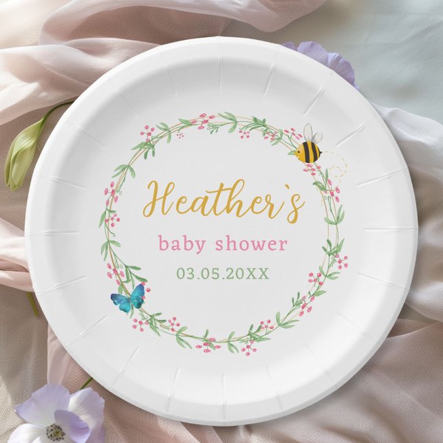 Assiettes En Carton Mignonne couronne, Baby shower d'abeille et de pap (Cute Wreath, Bee & Butterfly Baby Shower Paper Plates for Baby Girl & Baby Boy.)