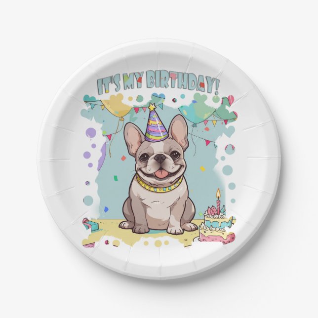 Assiettes En Carton Mignonne French Bulldog Pastel C'est mon anniversa (Devant)