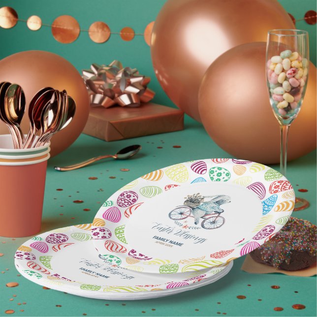 Assiettes En Carton Mignonne lapin de Pâques à vélo Arrière - plan des (Multi)