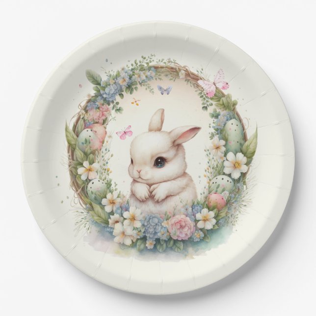 Assiettes En Carton mignonne lapin de Pâques couronne Fête (Devant)