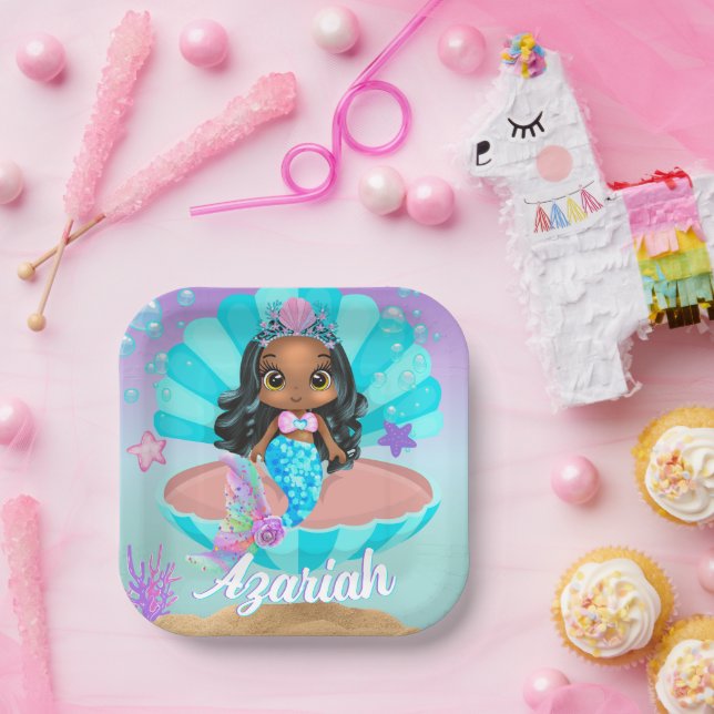 Assiettes En Carton Mignonne princesse de sirène noire sous la mer (Fête)