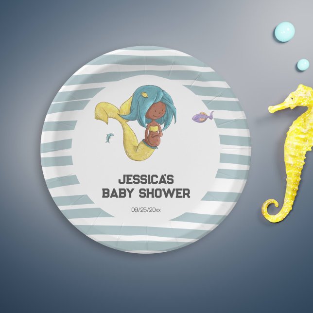 Assiettes En Carton Mignonne Sirène Sous La Mer (Cute Mermaid Baby Shower Paper Plates with Black Pregnant Mermaid)