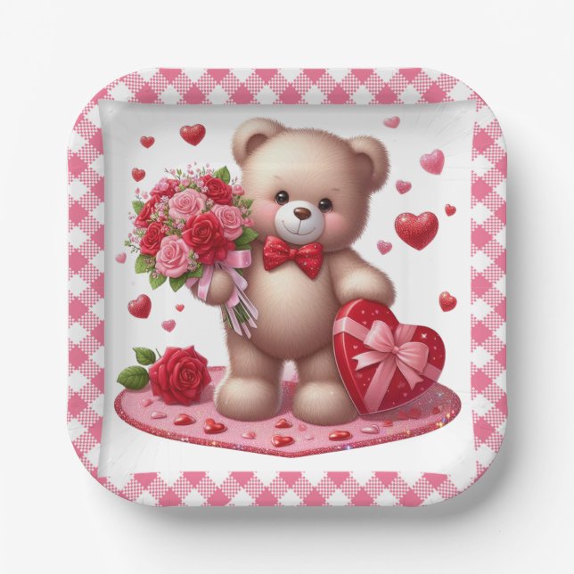 Assiettes En Carton Mignonne Valentine's Day Teddy Bear (Recto)