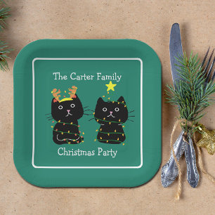 Assiettes En Carton Mignons Deux Chats Feux de Noël Personnalisé Green