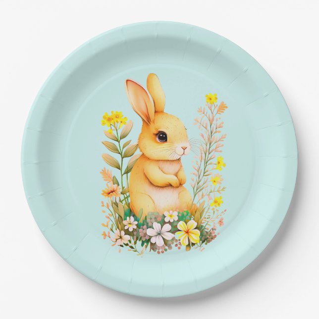 Assiettes En Carton Mignons lapin de Pâques & Fleurs sur bleu clair (Devant)