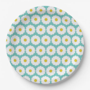 Assiettes En Carton Mignons Motif de marguerites d'été sur bleu