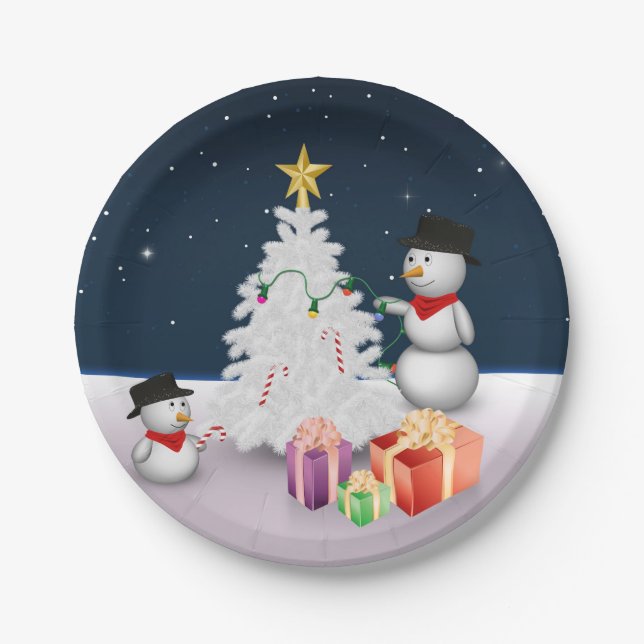 Assiettes En Carton Mignons neigeurs avec sapin de Noël (Devant)