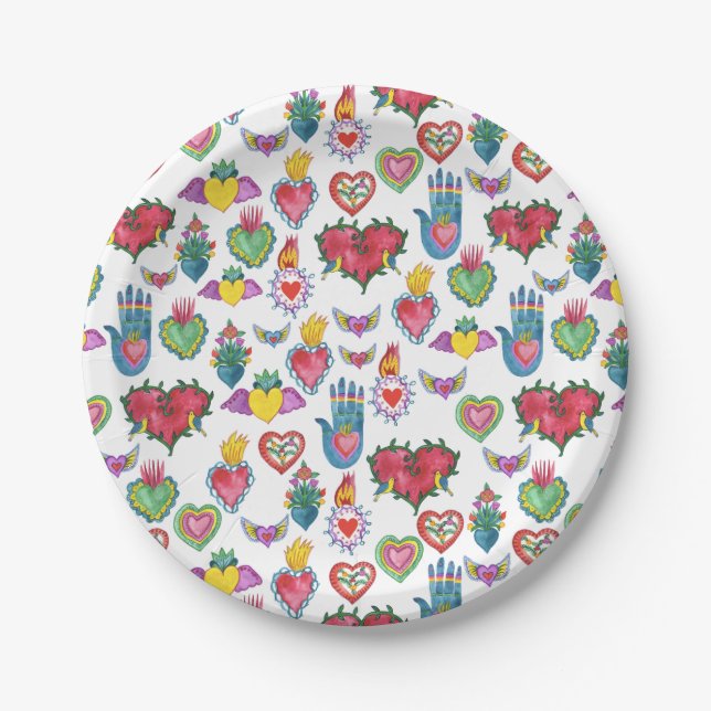 Assiettes En Carton Milagros Coeurs flamants Aquarelle Valentines Aime (Devant)