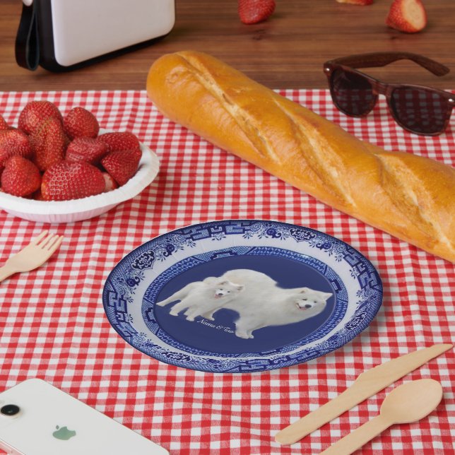 Assiettes En Carton Mini-Portrait Samoyé sur Plaques en papier bleu sa (Pique-nique)
