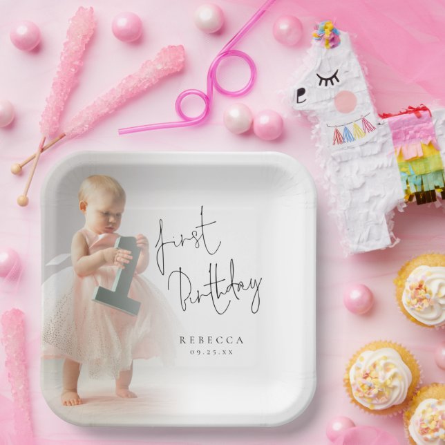 Assiettes En Carton Mini-superposition de photo Script 1er anniversair (Fête)