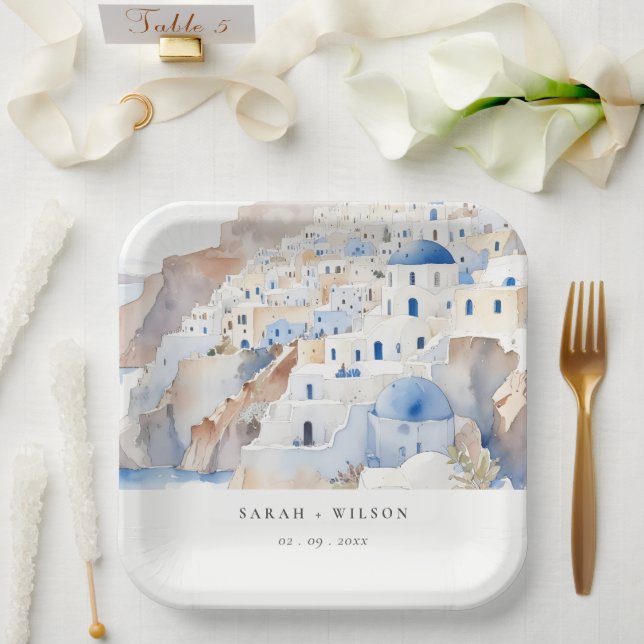 Assiettes En Carton Minimal chic Santorini Grèce Mariage aquarelle (Mariage)