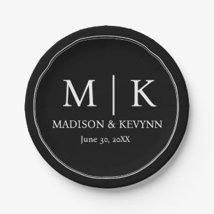 Assiettes En Carton Minimal et chic   Noir Mariage Monograms Classic