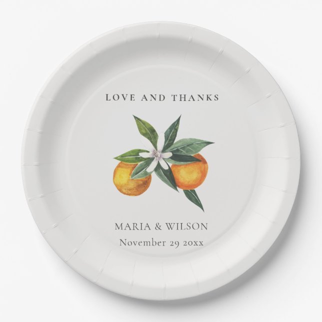 Assiettes En Carton Minimal Orange Botanique Aimer Merci Mariage (Devant)