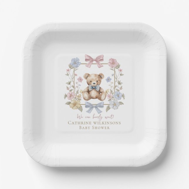 Assiettes En Carton Minimal Pastel Floral Teddy Bear Baby Shower  (Recto)