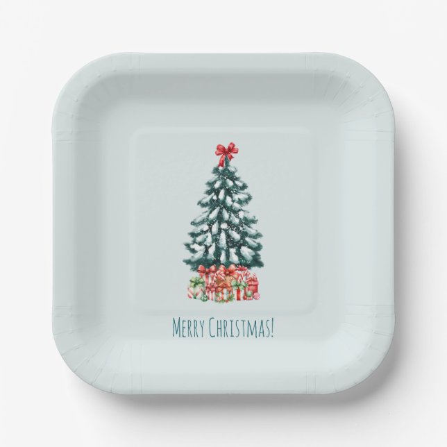 Assiettes En Carton Minimalist Merry Christmas Snowy Tree (Recto)