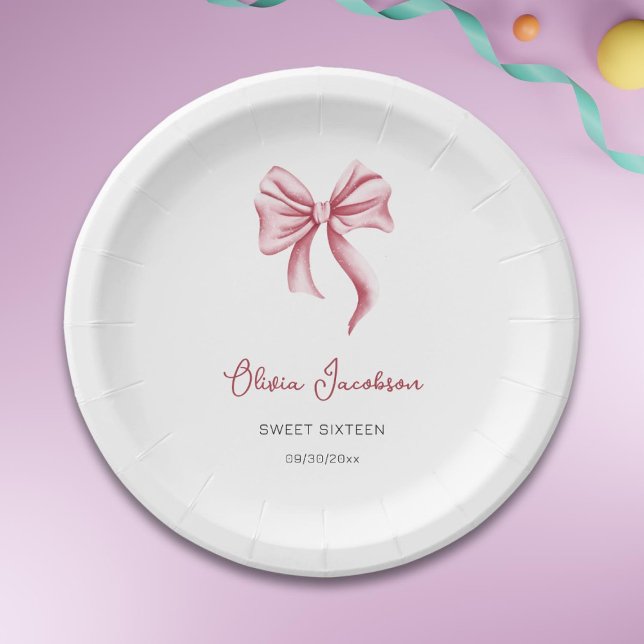Assiettes En Carton Minimalist Pink Bow Girl Sweet Sixteen Birthday (Créateur téléchargé)