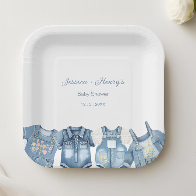 Assiettes En Carton Minimaliste bleu Jean Baby shower Denim (Créateur téléchargé)
