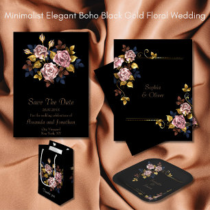 Assiettes En Carton Minimaliste Elegant Boho Black Gold Floral Mariage