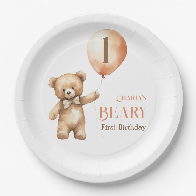 Assiettes En Carton Minimaliste Petite Ours Beige Beary 1er anniversai (Devant)