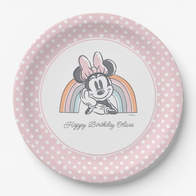 Assiettes En Carton Minnie Mouse aquarelle Rainbow Anniversaire (Devant)