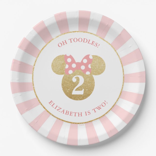 Assiettes En Carton Minnie Mouse | Or et rose rayé Anniversaire (Devant)