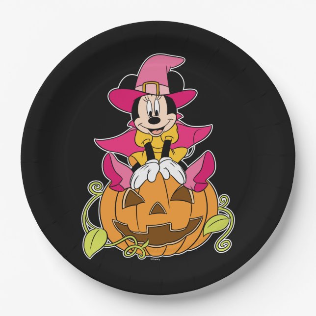 Assiettes En Carton Minnie Souris assise sur Jack-O-Lantern (Devant)