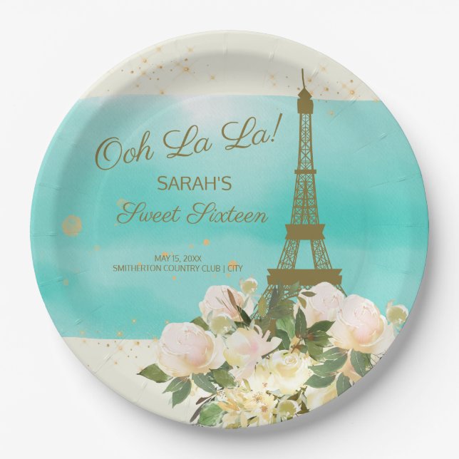 Assiettes En Carton Mint Aqua Gold Tour Eiffel Paris Sweet 16 (Devant)