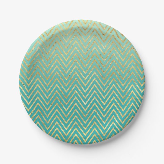 Assiettes En Carton Mint Green Gold Glam Chevron Ombre (Devant)